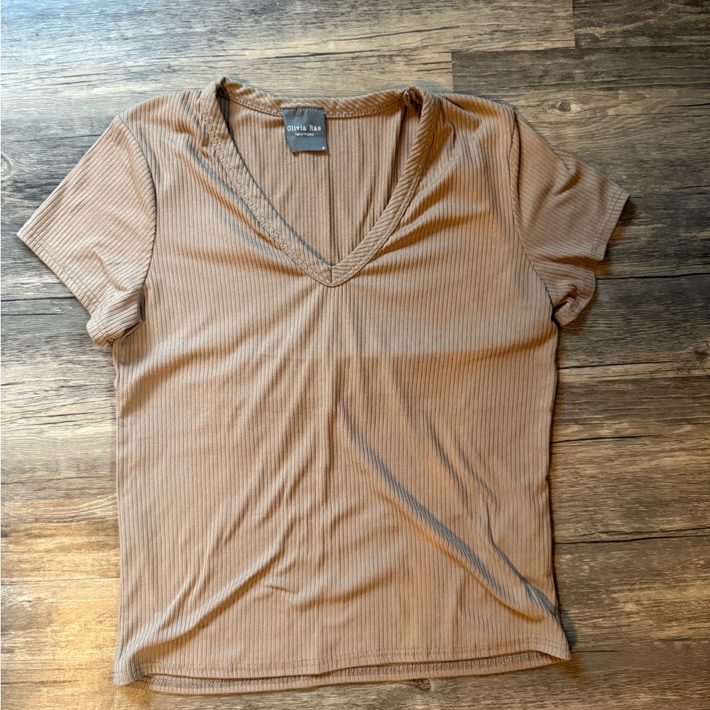 Olivia Rae Tan V-Neck Ribbed Tee